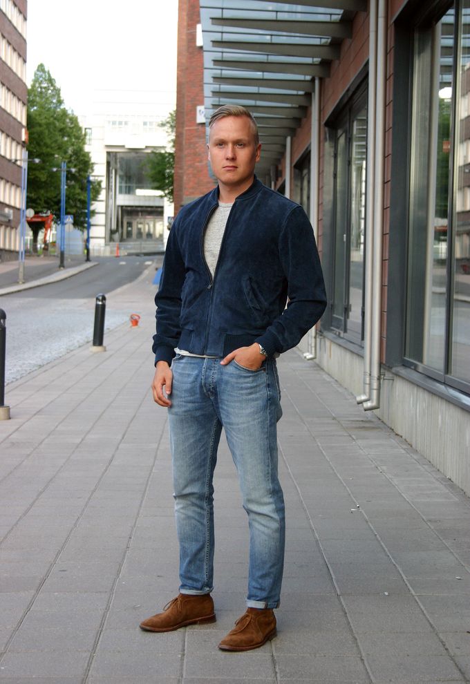 Navy Suede Bomber Jacket