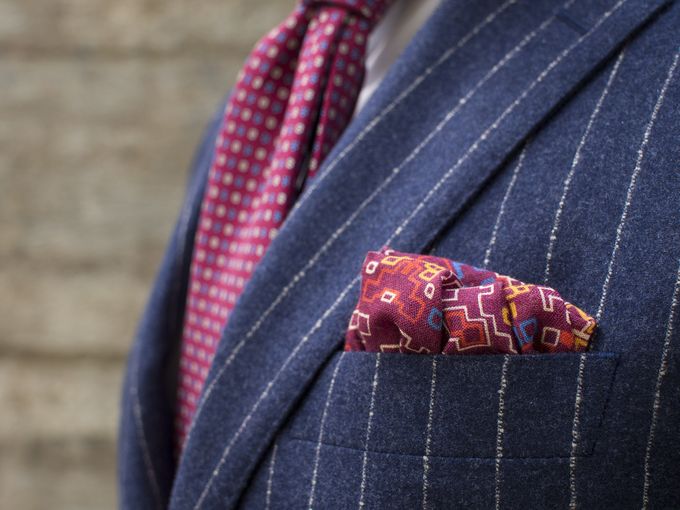 Navy Pinstripe Flannel Suit with Red Accessories