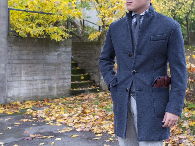 ​​L.B.M. 1911 coat with SuitSupply shirt and flannel trousers, Guarracina cashmere tie and Dents gloves.​