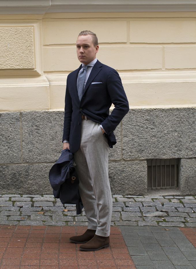 Navy Jacket With Grey Flannel Trousers