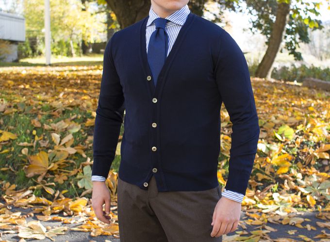 ​Berg & Berg Merino wool cardigan, Berg & Berg 100% handrolled cashmere tie, Luxire shirt and trousers.​