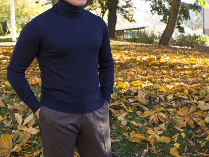 ​Berg & Berg navy turtleneck and Luxire trousers.​