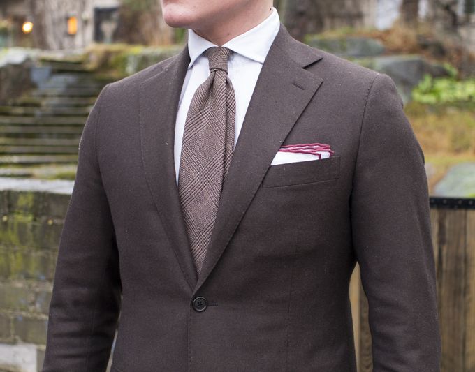 ​Brown made-to-order flannel suit, 270g/m2 Ariston fabric.​ Berg & Berg wool tie and Shibumi Berlin linen pocket square.​