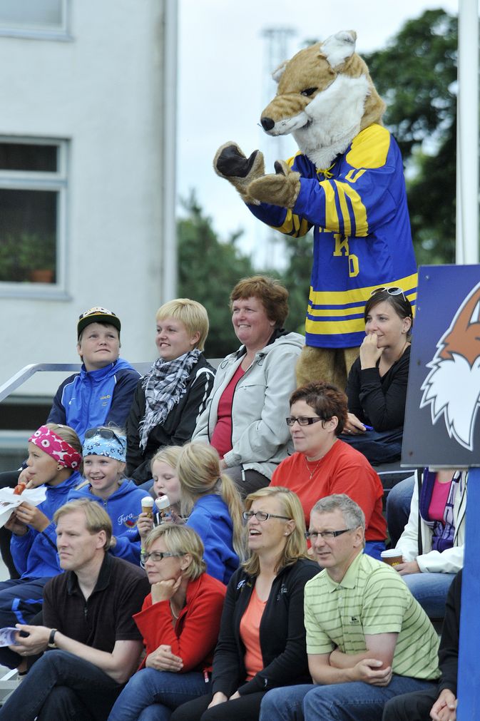 Katsojien pitää aina olla valppaita, sillä kettu hyppää herkästi mukaan kannustuslauteille, kuten Otanlahdessa vuonna 2012. Kuva: Joonas Salo