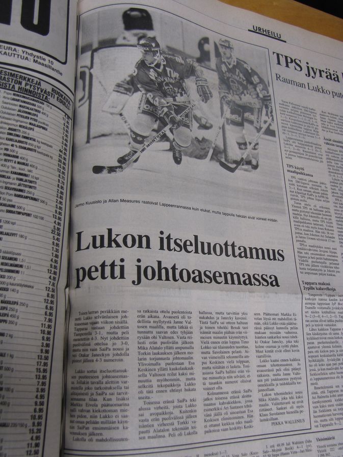Länsi-Suomi 1.2. 1991. TPS jyrää kärjessä, Lukko putosi jumboksi.