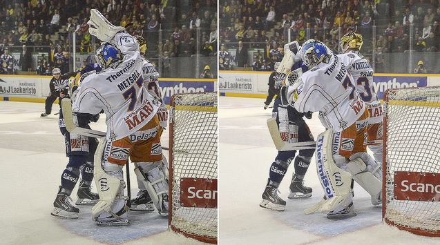 Jos Juha Metsola löi Mikko Kousaa kilvellä, hänelle olisi pitänyt tuomita ottelurangaistus. Kuva: Pekka Lehmuskallio.