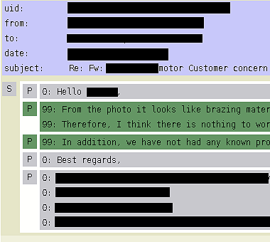 The example emails after recognizing embedded emails, problems, questions and relevant content. Question emails are colored red, while solutions are colored blue. Discarded content is marked in grey.