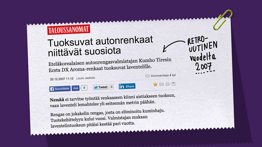 Kasper löysi myös Taloussanomien rengasaiheisen RETRO-UUTISEN: laventelintuoksuisia autonrenkaita!
