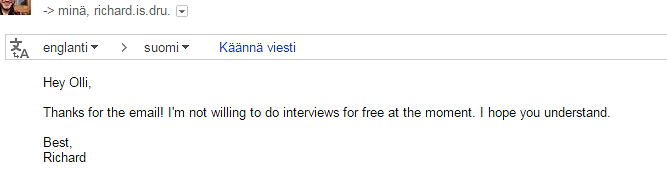 Kuvakaappaus sähköpostiviestistä.