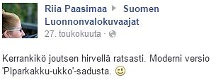 Kuvakaappaus Suomen Luonnonvalokuvaajat -ryhmän Facebook-sivulta.​