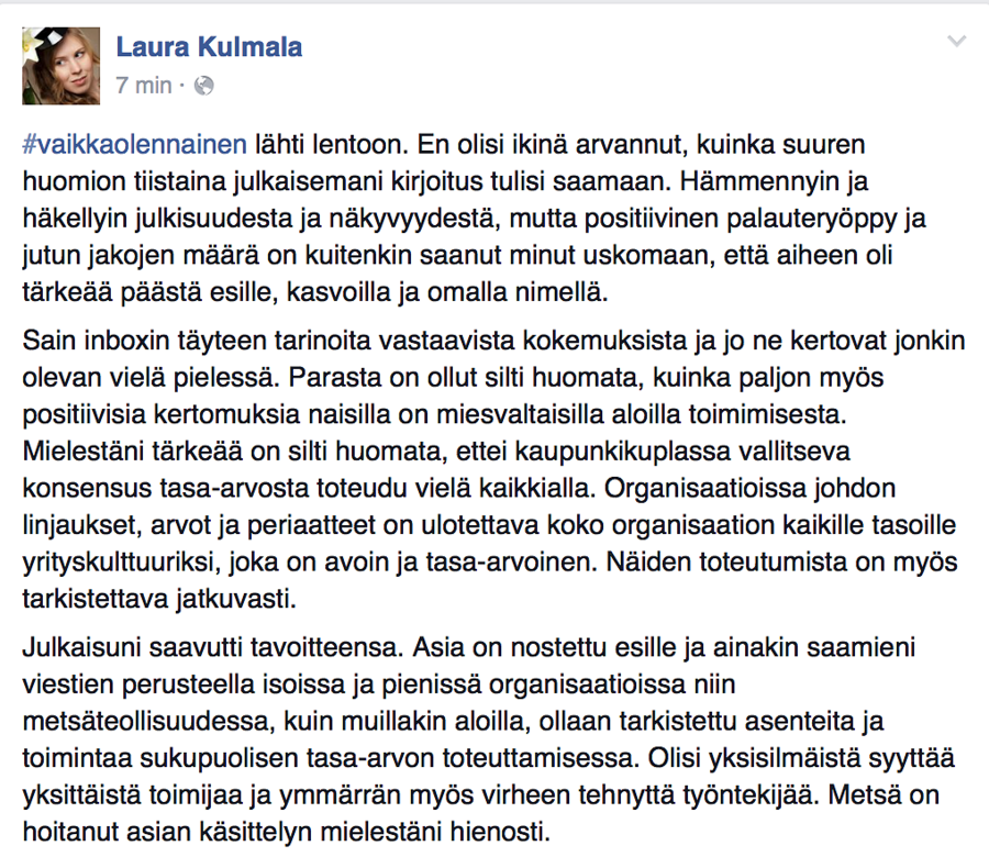 Laura Kulmala kommentoi tapausta julkisessa Facebook-päivityksessään torstaina.