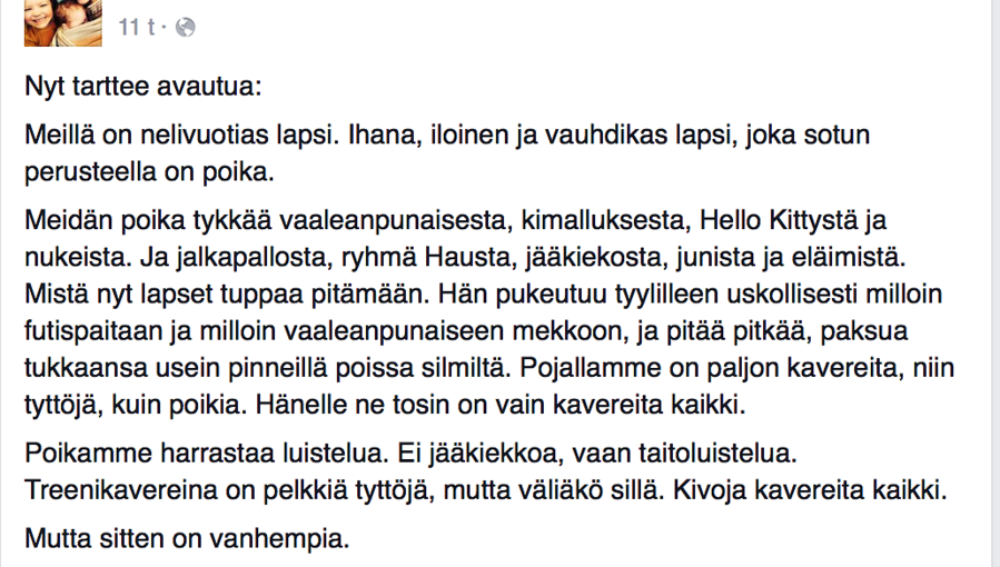 Ruutukaappaus äidin koskettavasta Facebook-päivityksestä.