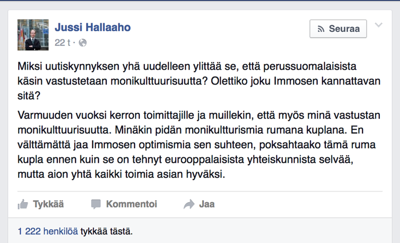 ​Kuvakaappaus Jussi Halla-Ahon Facebook-sivuilta.​