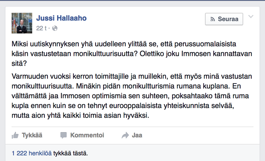 Kuvakaappaus Jussi Halla-Ahon Facebook-sivuilta.