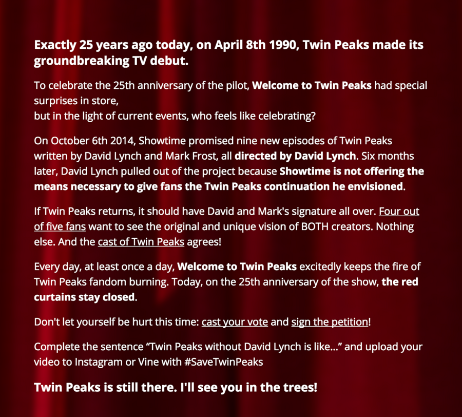 Kuvakaappaus welcometotwinpeaks.com 8.4.2015