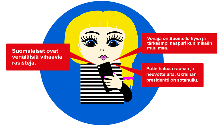 Suomalaisten käyttämillä keskustelupalstoilla ja somefoorumeilla toistuvasti levitettyjä anonyymiviestejä. Lähde: Internet.