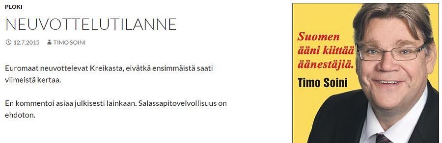 Kuvakaappaus Timo Soinin blogista heinäkuulta 2015.