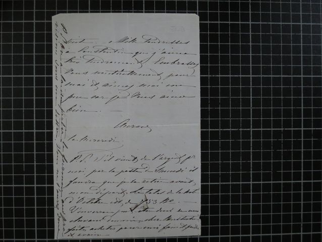 Utdrag ur ett brev från 1860-talet, skrivet på franska av Aurora Karamzin till Marie Linder. Riksarkivet, fotograferat av Sirkka Lauerma.​