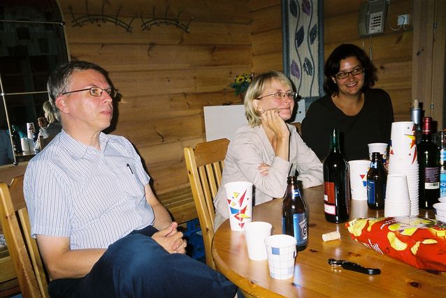 The social evening of the planning day for the French subject in the Lepolampi course centre, autumn 2006. From the left: JH, Professor Mervi Helkkula and Docent Ulla Tuomarla​