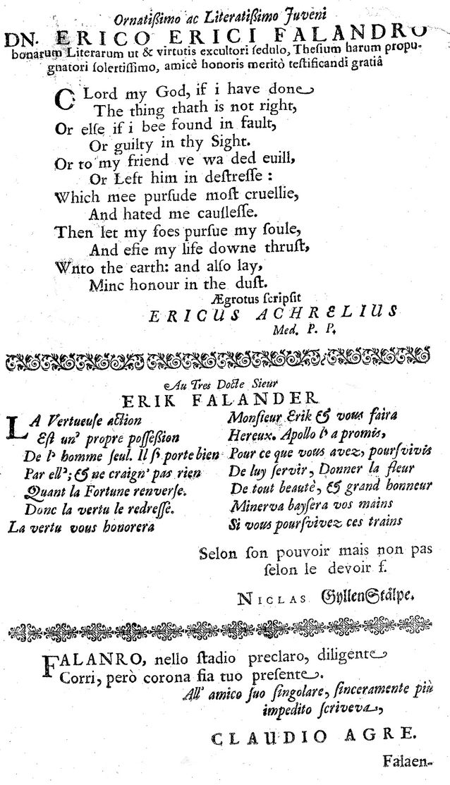 An early example of Italian used in Finland (congratulatory text from 1660 in a doctoral thesis from the Academy of Turku). Picture: Kansalliskirjasto.​