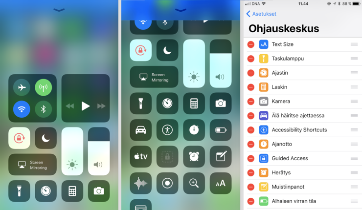 Vasemmalla iOS 11:n ohjauskeskus oletusasussaan, keskellä kaikki mahdolliset kohdat valittuna. Kovemmilla 3D Touch -painalluksilla saa esiin lisätoimintoja.