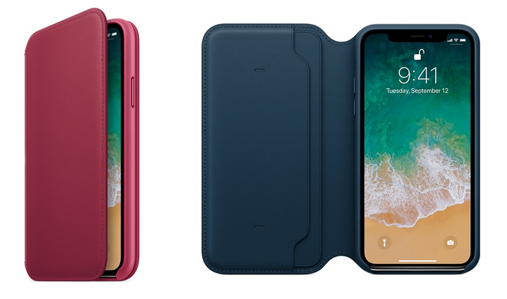 Kuvassa iPhone X:n uusi suojakuori karpalon ja kosmoksensinisen värisinä.