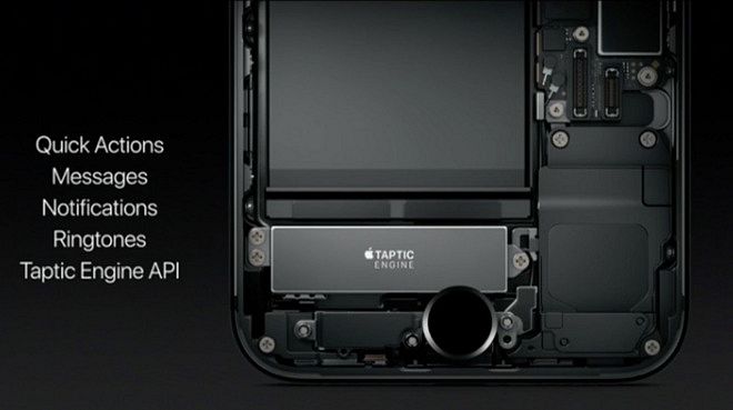 Kuvassa iPhone 7:n läpileikkauksessa Taptic Engine -värinämoottori, joka vastaa myös uuden kotinäppäimen painalluksiin.