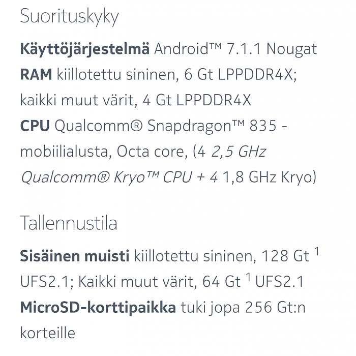 Kuvakaappaus Nokia 8 -tuotesivuilta. Kiiltävän sininen versio saanee nelikosta eniten RAM-muistia ja tallennustilaa.