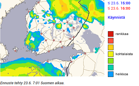 Kuvakaappaus Ilmatieteen laitoksen sadetutkasta kello 8.15.