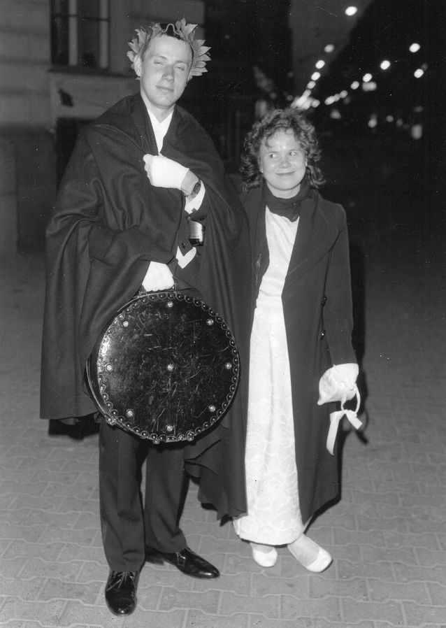 As a laurel wreath-weaver at the 1986 degree ceremony with Mikko Lensu (then boyfriend, now husband).​