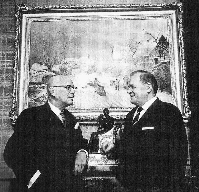 Kungen och kungamakaren. President Urho Kekkonen och akademiker Kustaa Vilkuna. Bild: WikimediaCommons​