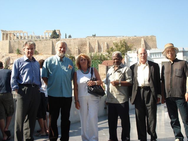 At a meeting of the program committee of the Philosophy World Congress in Athens 2008. Acropolis in the background. Ilkka Niiniluoto's personal archives.​