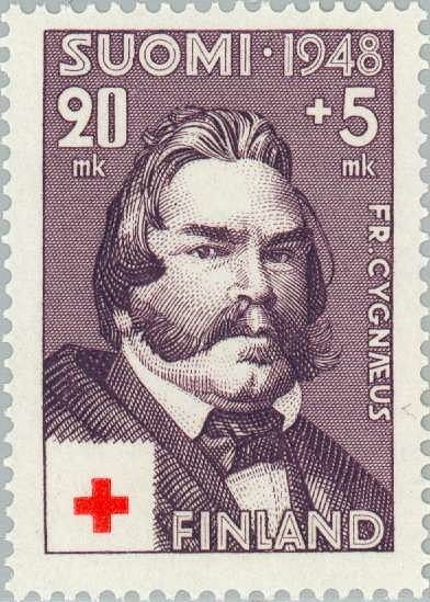 Fredrik Cygnaeus fick pryda ett finskt frimärke 1948 hundra år efter Floradagsfesten, som han organiserat.​