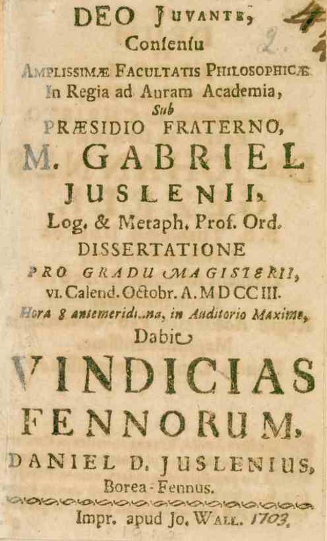 Daniel Juslenius pro gradu-avhandling “Vindiciae Fennorum”.​