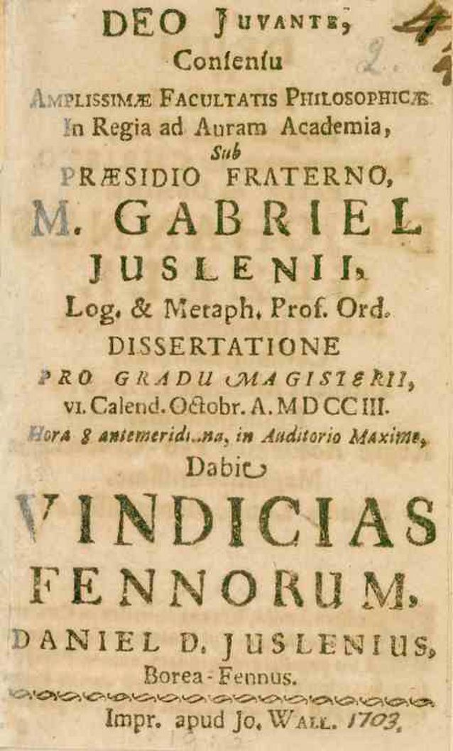 Daniel Juslenius’ pro gradu dissertation Vindiciae Fennorum.​