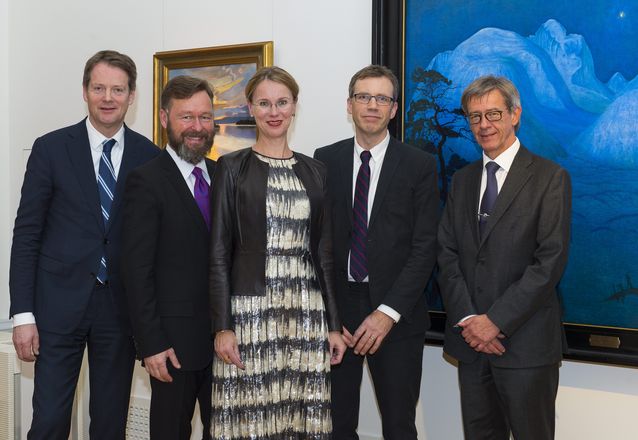 A group photo together with the directors of the Nordic National Galleries: (from left) Audun Eckhoff from Norway, Berndt Arell from Sweden, Susanna Pettersson, Mikkel Bogh from Denmark and Risto Ruohonen from Finland. Photo: Nasjonalmuseet, Oslo.​