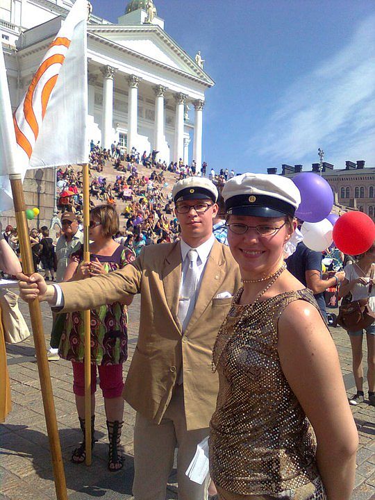 The Student Union of the University of Helsinki took part in Helsinki Pride in 2010. Also posing in the photo is Risto Karinkanta. Photo: Student Union of the University of Helsinki.​