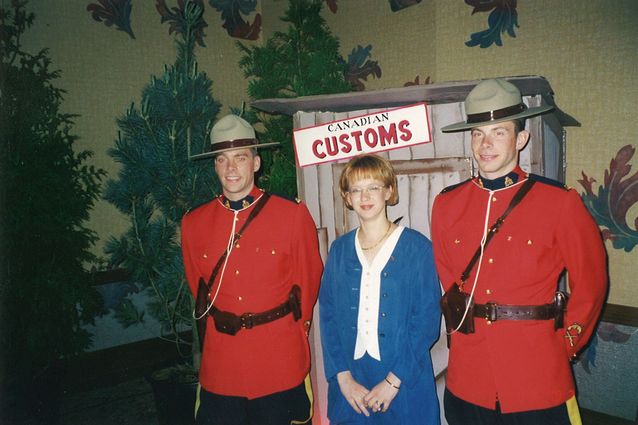 Kati Suurmunne and two Canadian mounties at Timberjack's 50th anniversary event in Whistler, BC, Canada in 1997. (Suurmunne's personal album)​