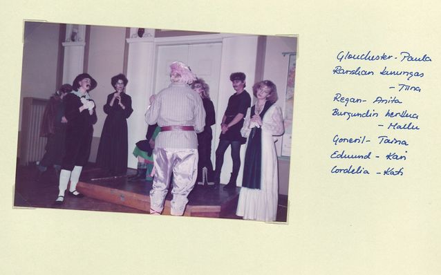 SUB Christmas party in November 1983. The court of King Lear still alive. Kati Suurmunne on the right as Cordelia. (Suurmunne’s personal album)​