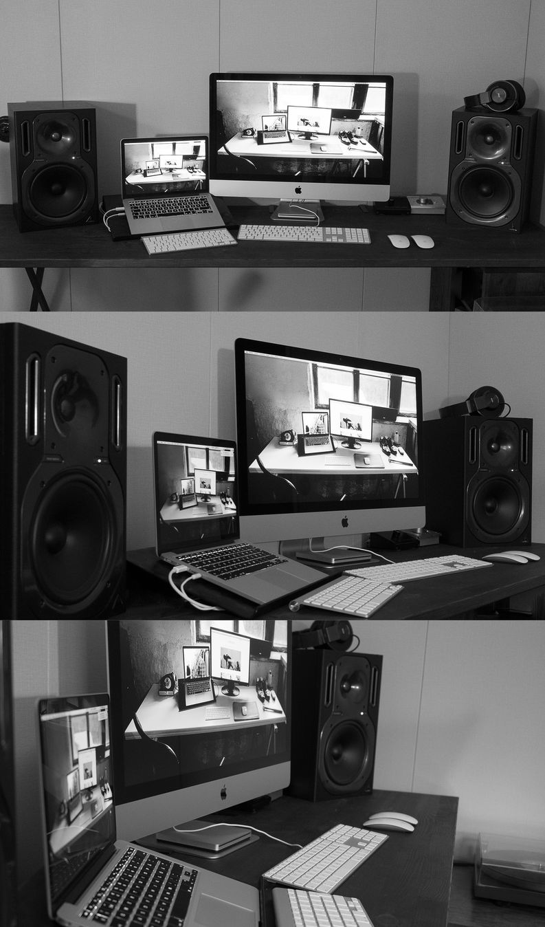 Viimein työpöytä on jonkinlaisessa kunnossa. Thunderbolt johdolla iMac toimii nyt myös kakkosnäyttönä läppärille ja musiikit toistuvat molempien koneiden lisäksi myös LP soittimelta. En malta odottaa arjen alkamista.