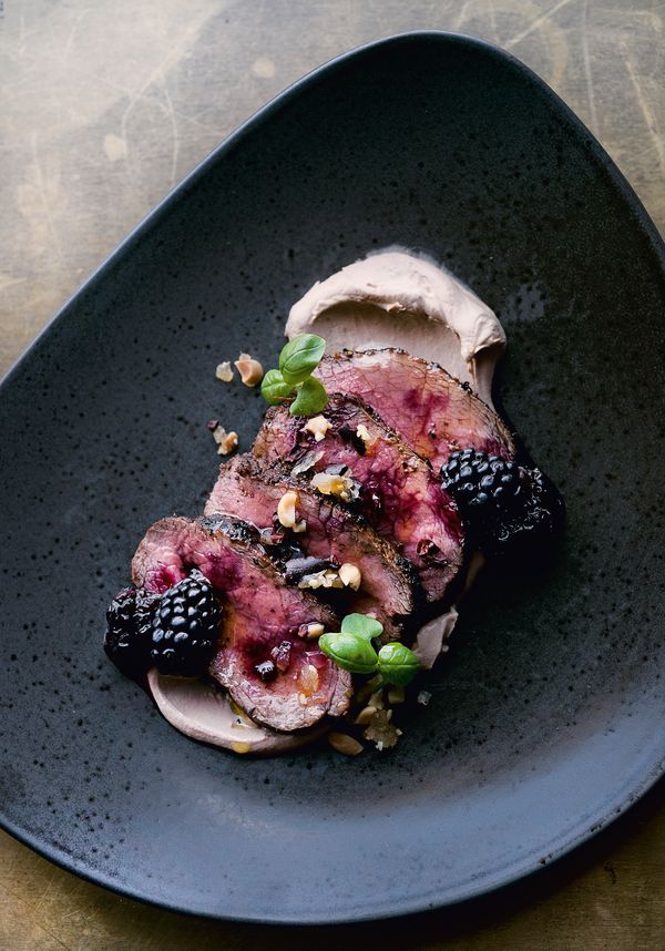 Venison Fillet with Date Labneh, Blackberries and Peanut Crumble NOPI