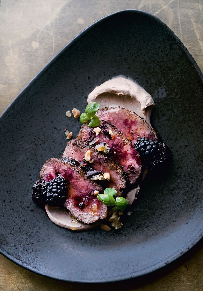 Venison Fillet with Date Labneh, Blackberries and Peanut Crumble NOPI