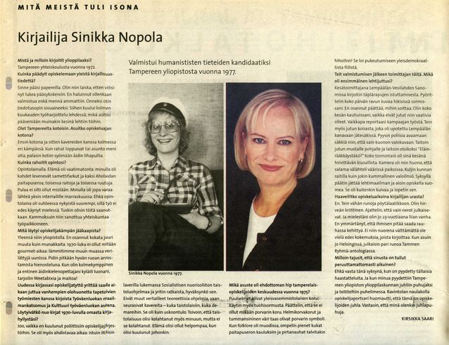 ​Kirsikka Saari worked as a reporter for 'Ylioppilaslehti' in 2010. In the picture, an article about the author Sinikka Nopola, written by Saari. Source: Ylioppilaslehti 18/2001, 14.12.2001.​