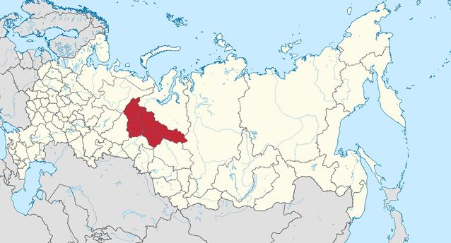 a região de Mansi é mostrada a vermelho. A viagem de Kannisto à região durou cinco anos. Fonte: Wikimedia Commons. CC BY-SA 3.0.