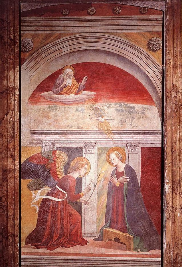 Okkonen tutki väitöskirjassaan Melozzo da Forlin taidetta. Kuvan teos, Annunciation, sijaitsee Pantheonissa. Wikimedia Commons.​