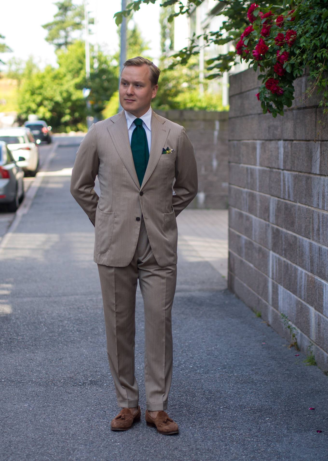 Wearing a Solaro Wool Suit with Green Accessories