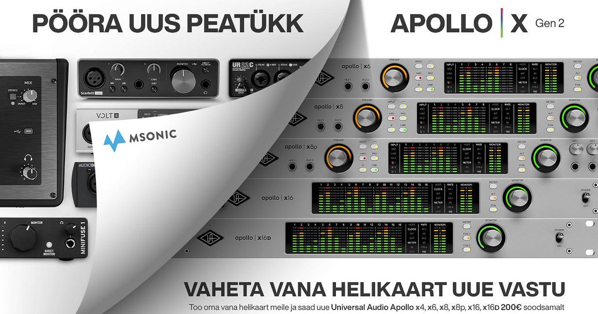 Pööra uus peatükk – vaheta oma vana helikaart uue vastu!  Too oma vana helikaart meile ja saad uue Universal Audio Apollo x 4, x 6, x 8, x 8p , x 16 või x 16