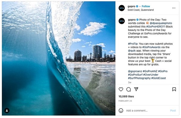 GoPro teilt Inhalte auf Instagram, die Fans und Influencer generiert haben; ein Beispiel