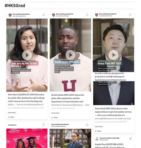 Hashtag-Feed mit TikTok-Videos, Instagram-Reels und Tweets der Harvard University