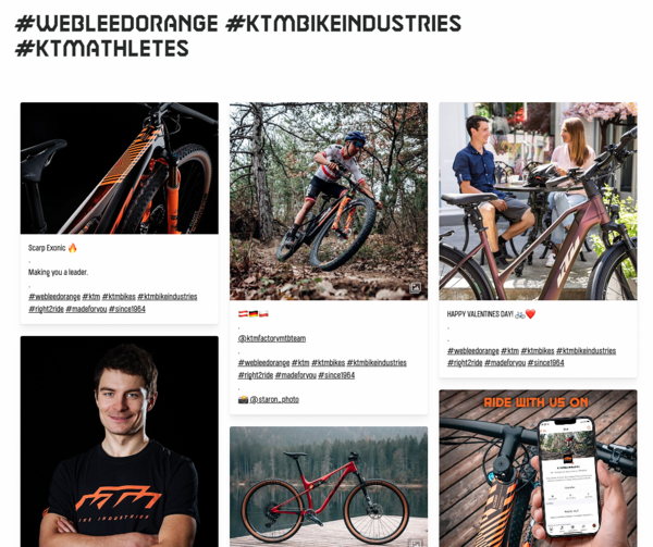 Influencer-Marketing und über Hashtag generierter Kampagnen-Feed auf der Webseite von KTM Bikes